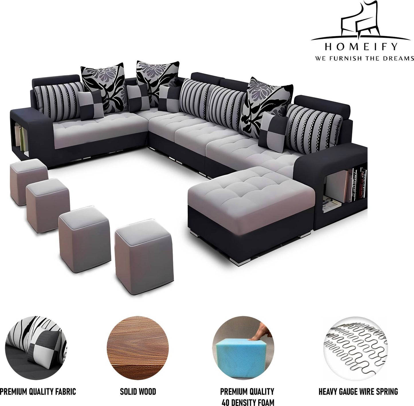 Homeify Carlo 9 Seater Fabric Sofa Set with 4-Puffy Convertible Sofa Set for Living Room Fabric 3 + 3 + 2 + 2 Sofa Set (Black, Pre-assembled)