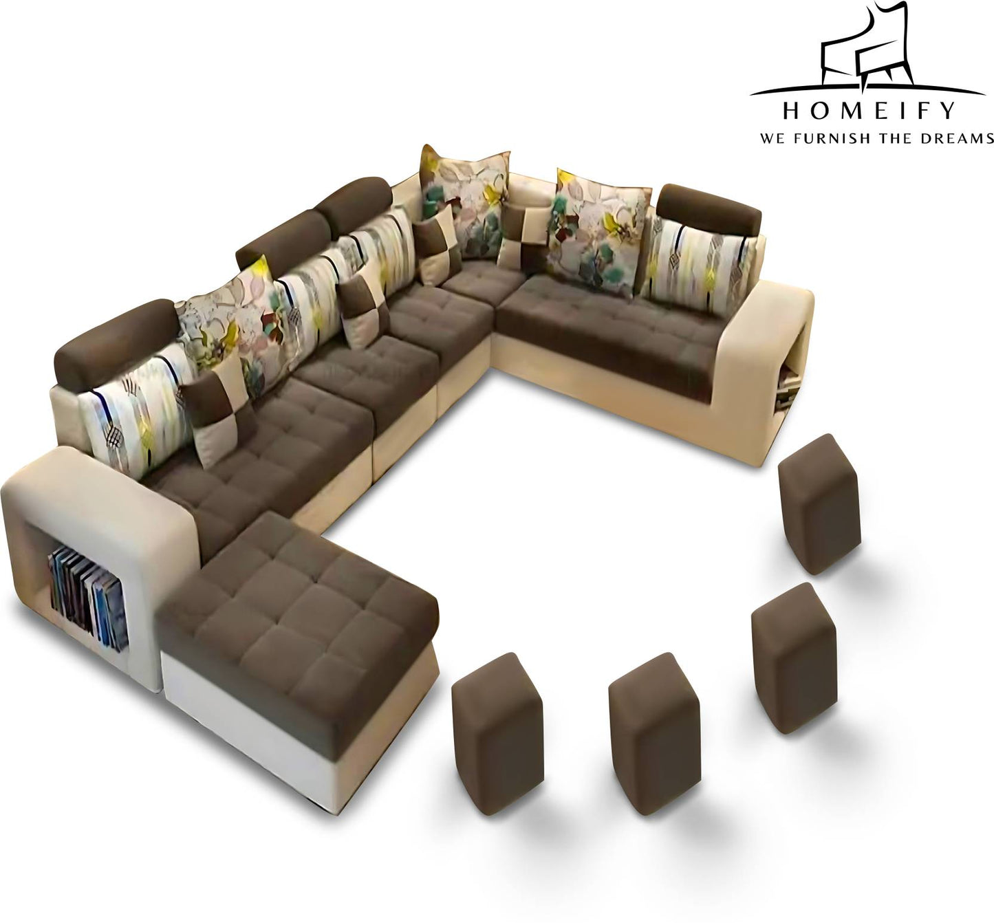 Homeify Carlo 9 Seater Fabric Sofa Set with 4-Puffy Convertible Sofa Set Fabric 9 Seater Sofa (Finish Color - Brown & White, DIY(Do-It-Yourself)