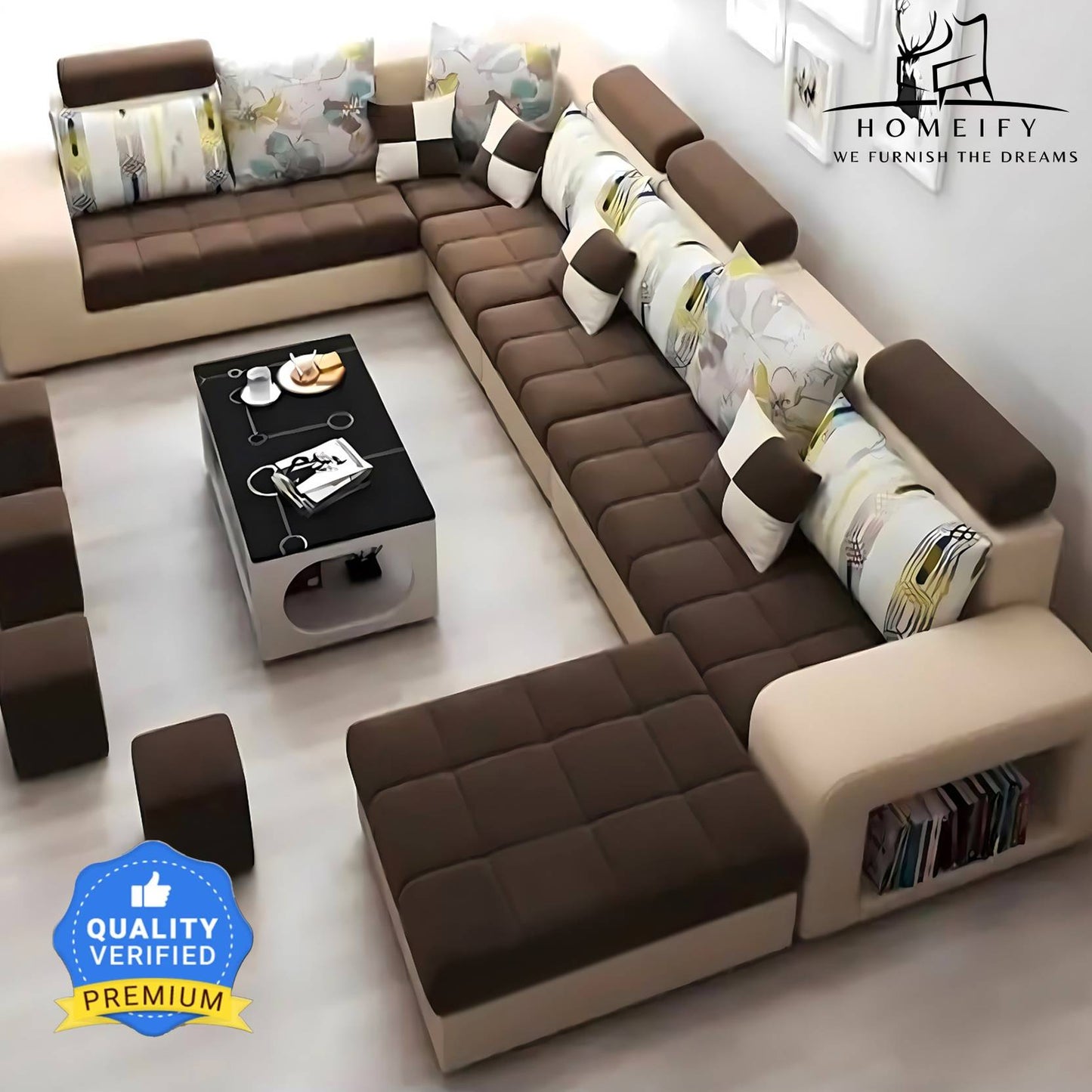 Homeify Carlo 9 Seater Fabric Sofa Set with 4-Puffy Convertible Sofa Set Fabric 9 Seater Sofa (Finish Color - Brown & White, DIY(Do-It-Yourself)