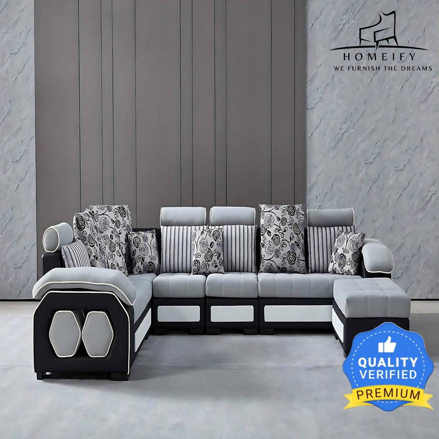 Homeify Carlo 9 Seater Fabric Sofa Set with 4-Puffy Convertible Sofa Set for Living Room Fabric 3 + 2 + 2 + 1 Sofa Set (Light Grey & Black, Pre-assembled)