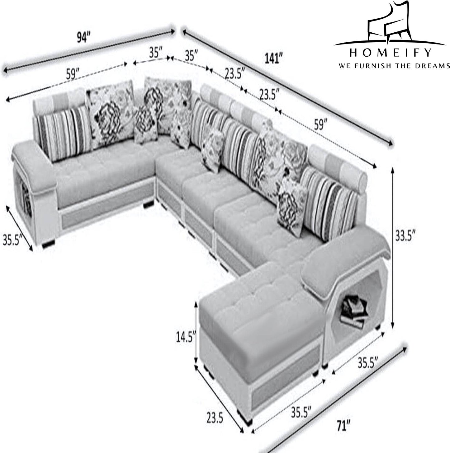 Homeify Carlo 9 Seater Fabric Sofa Set with 4-Puffy Convertible Sofa Set for Living Room Fabric 9 Seater Sofa (Finish Color - Black, DIY(Do-It-Yourself)
