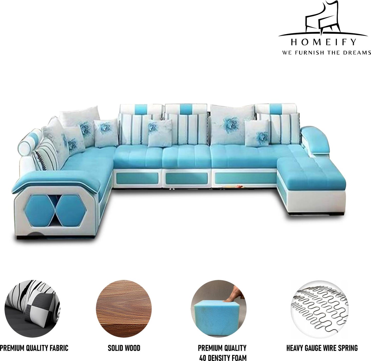 Homeify Carlo 9 Seater Fabric Sofa Set with 4-Puffy Convertible Sofa Set for Living Room Fabric 3 + 3 + 2 + 2 Sofa Set (Light Blue, Pre-assembled)