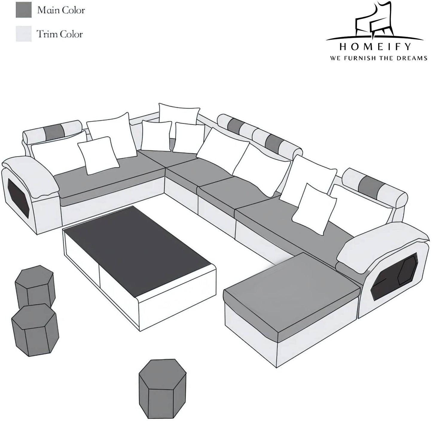 Homeify Carlo 9 Seater Fabric Sofa Set with 4-Puffy Convertible Sofa Set Fabric 9 Seater Sofa (Finish Color - Brown & White, DIY(Do-It-Yourself)