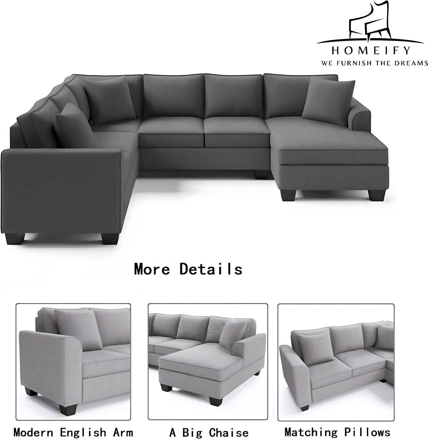 Homeify Carelino 7 Seater Fabric U Shaped Sofa Set for Living Room Fabric 7 Seater Sofa (Finish Color - Dark Grey, DIY(Do-It-Yourself)