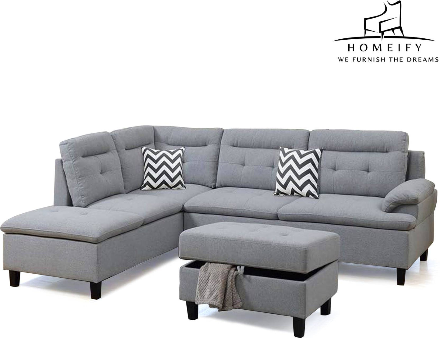 Groovecraft Esteem 6 Seater Fabric Sectional Sofa Set with Storage Ottoman Fabric 6 Seater Sofa (Finish Color - Grey, DIY(Do-It-Yourself)