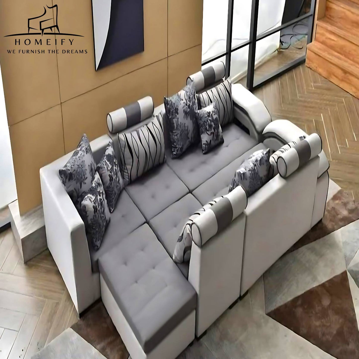 Homeify Carlo 9 Seater Fabric Sofa Set with 4-Puffy Convertible Sofa Set for Living Room Fabric 9 Seater Sofa (Finish Color - Grey&White, DIY(Do-It-Yourself))