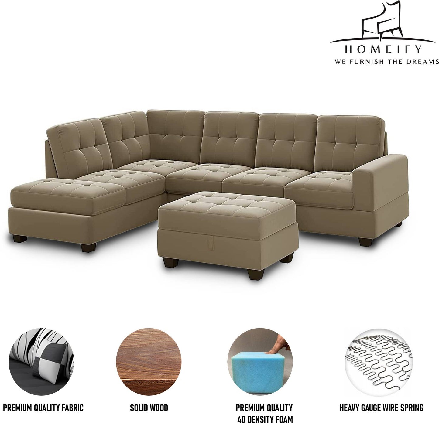Homeify Ciesta Fabric 5- to 6-Seater Sofa L Shape Sofa Set with Storage Ottoman Fabric 6 Seater Sofa (Finish Color - Beige, DIY(Do-It-Yourself)