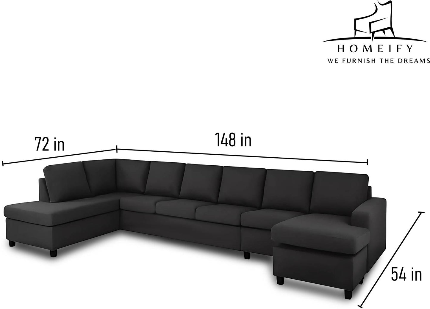 Homeify Buster 7 Seater U Shaped Fabric Sofa for Living Room Fabric 9 Seater Sofa (Finish Color - Black, DIY(Do-It-Yourself)