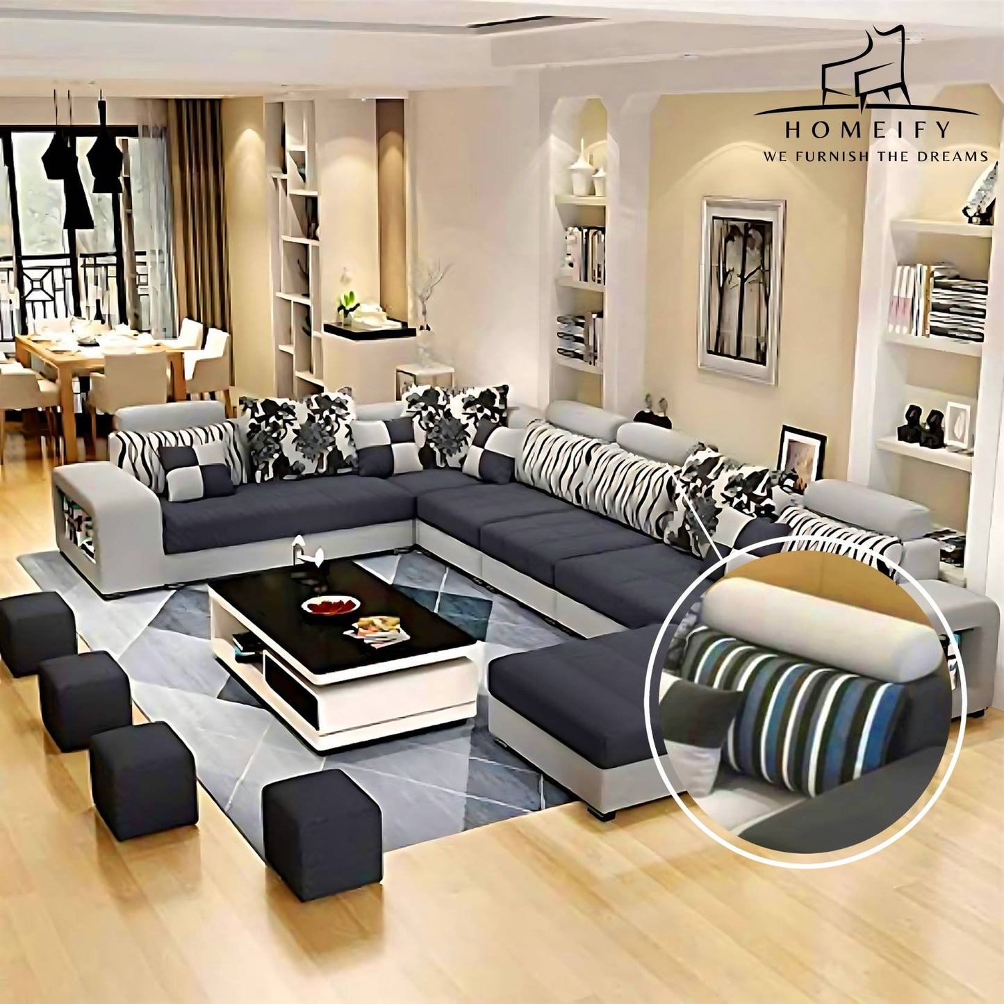 Homeify Carlo 9 Seater Fabric Sofa Set with 4-Puffy Convertible Sofa Set for Living Room Fabric 9 Seater Sofa (Finish Color - Black, DIY(Do-It-Yourself)