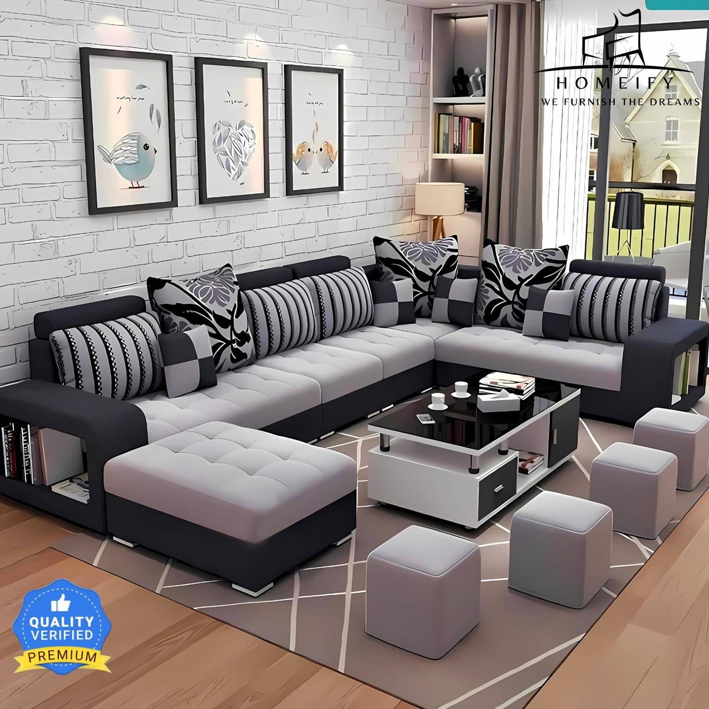 Homeify Carlo 9 Seater Fabric Sofa Set with 4-Puffy Convertible Sofa Set for Living Room Fabric 3 + 3 + 2 + 2 Sofa Set (Black, Pre-assembled)