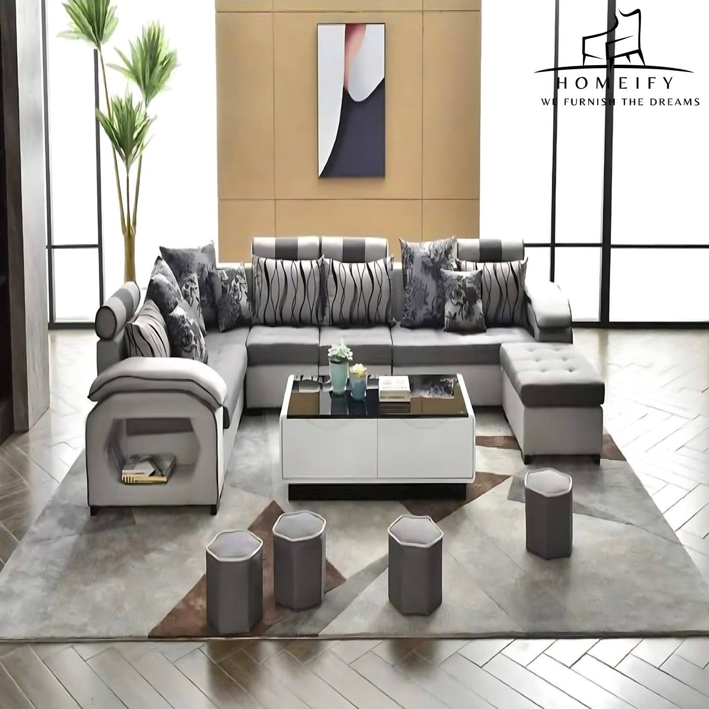 Homeify Carlo 9 Seater Fabric Sofa Set with 4-Puffy Convertible Sofa Set for Living Room Fabric 9 Seater Sofa (Finish Color - Grey&White, DIY(Do-It-Yourself))