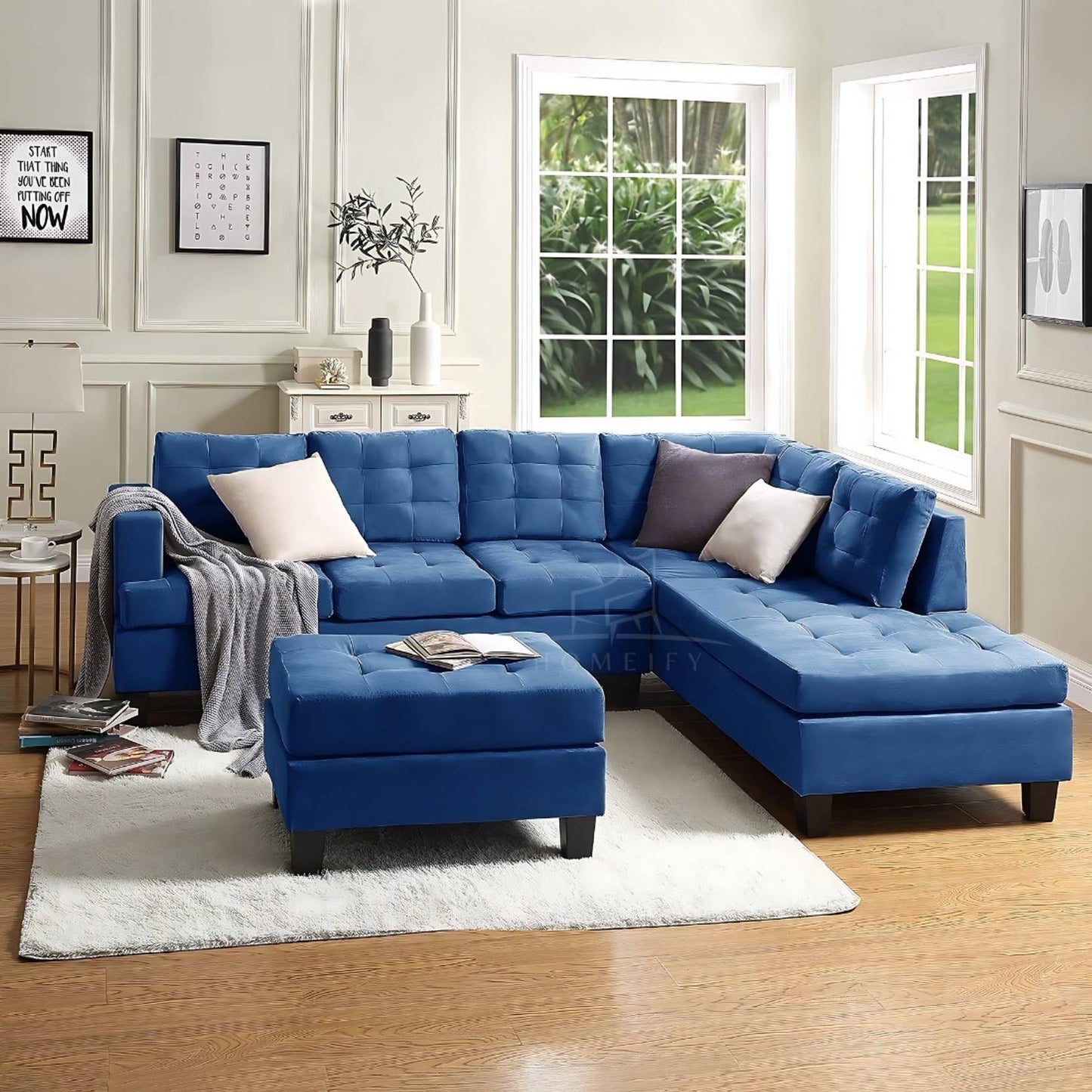 Homeify Alora Fabric 5- to 6-Seater Sofa L Shape Sofa Set For Living Room Fabric 3 + 2 + 1 Sofa Set (Blue, Pre-assembled)