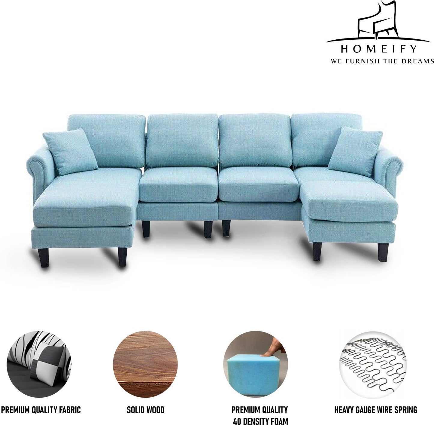 Homeify Reba 6 Seater Fabric Sectional Sofa with Ottoman for Living Room Fabric 3 + 2 + 1 Sofa Set (Blue, Pre-assembled)