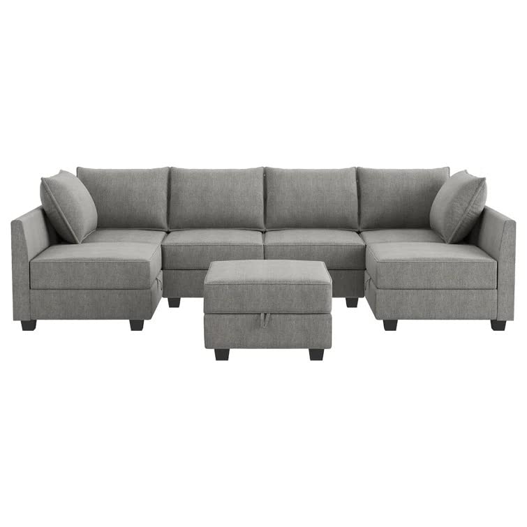 Homeify Charles 6 Seater U Shaped Sectional Sofa Set with Ottoman for Living Room (U Shape,Light Grey)