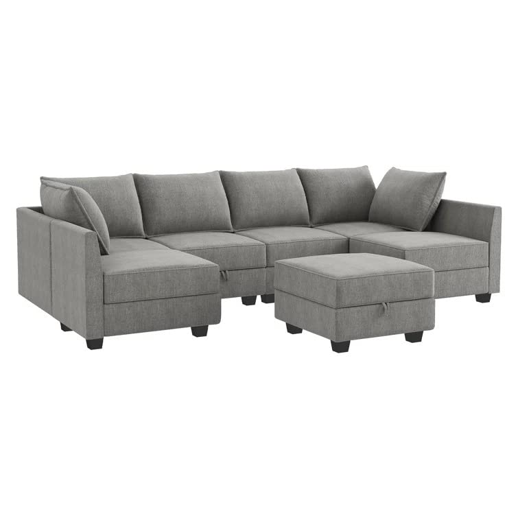 Homeify Charles 6 Seater U Shaped Sectional Sofa Set with Ottoman for Living Room (U Shape,Light Grey)