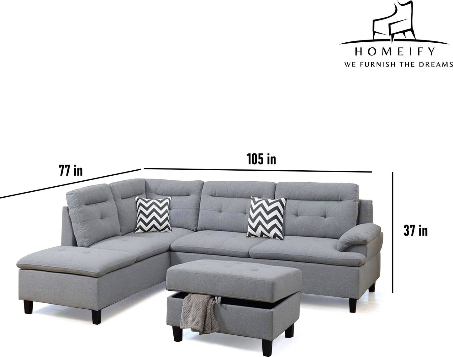 Groovecraft Esteem 6 Seater Fabric Sectional Sofa Set with Storage Ottoman Fabric 6 Seater Sofa (Finish Color - Grey, DIY(Do-It-Yourself)