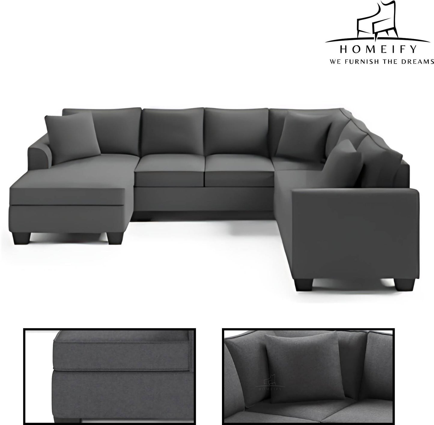 Homeify Carelino 7 Seater Fabric U Shaped Sofa Set for Living Room Fabric 7 Seater Sofa (Finish Color - Dark Grey, DIY(Do-It-Yourself)