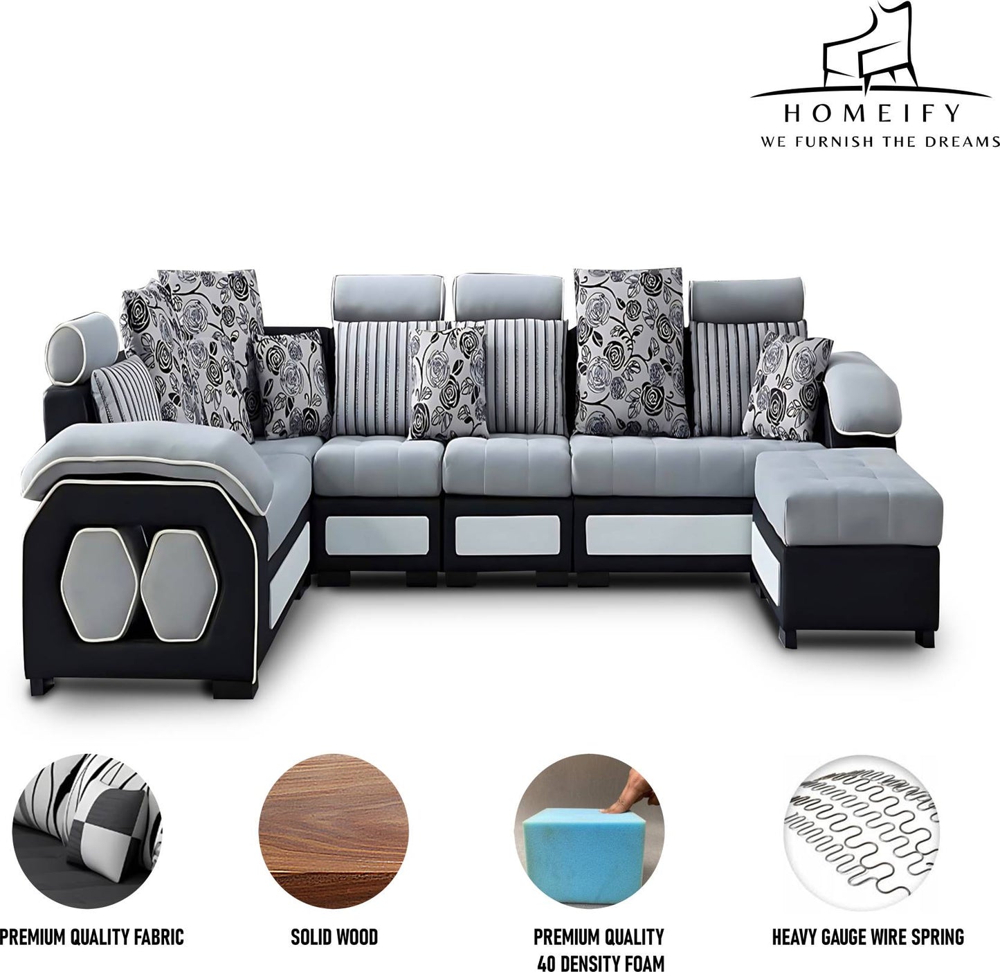 Homeify Carlo 9 Seater Fabric Sofa Set with 4-Puffy Convertible Sofa Set for Living Room Fabric 3 + 2 + 2 + 1 Sofa Set (Light Grey & Black, Pre-assembled)