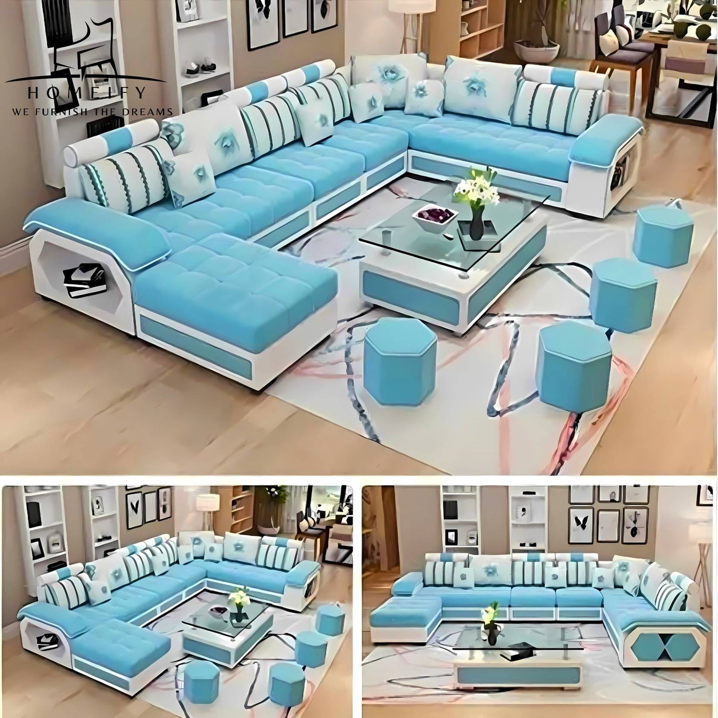 Homeify Carlo 9 Seater Fabric Sofa Set with 4-Puffy Convertible Sofa Set for Living Room Fabric 3 + 3 + 2 + 2 Sofa Set (Light Blue, Pre-assembled)