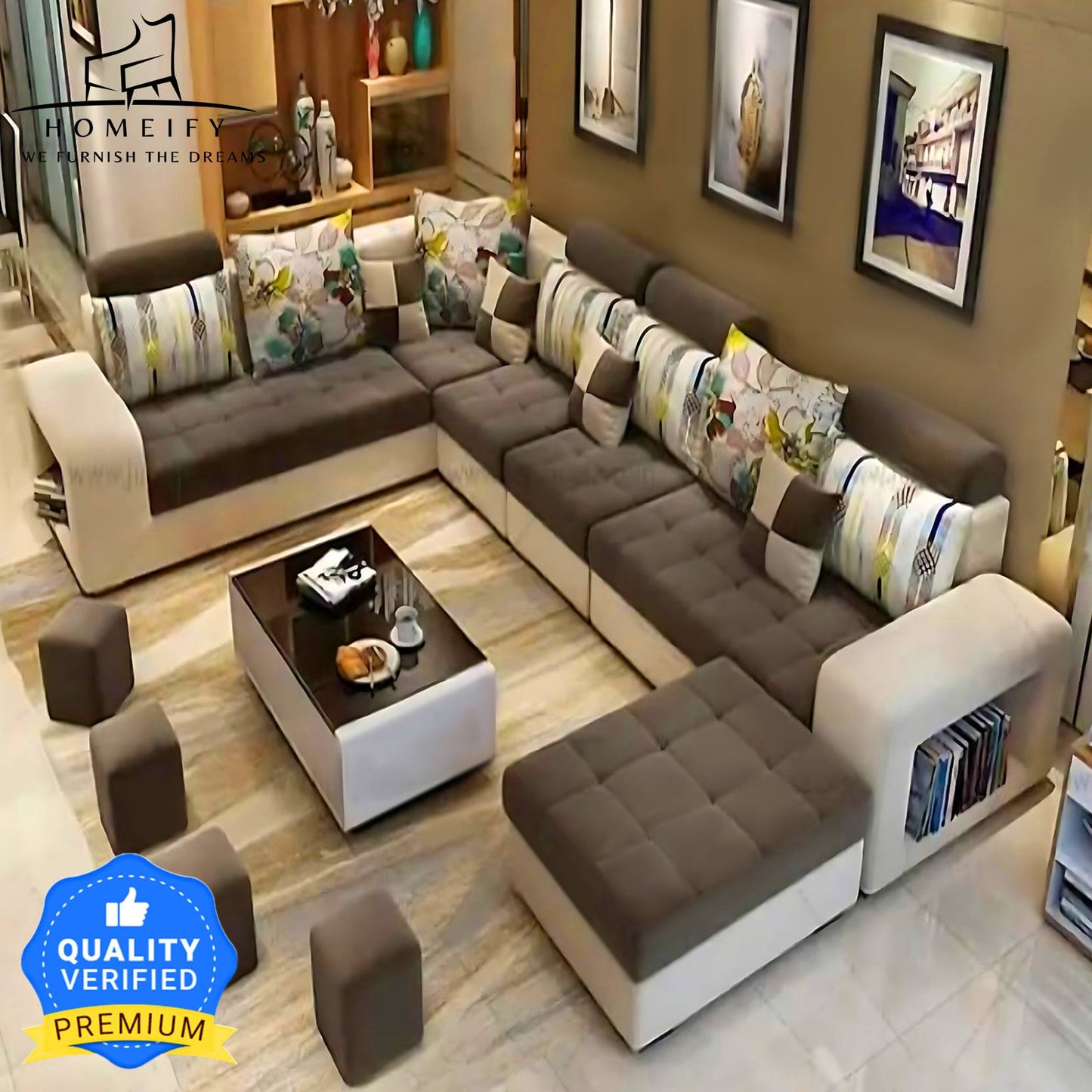 Homeify Carlo 9 Seater Fabric Sofa Set with 4-Puffy Convertible Sofa Set Fabric 9 Seater Sofa (Finish Color - Brown & White, DIY(Do-It-Yourself)