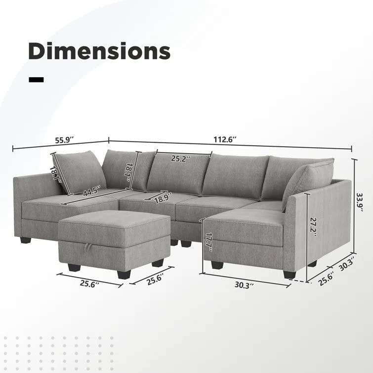 Homeify Charles 6 Seater U Shaped Sectional Sofa Set with Ottoman for Living Room (U Shape,Light Grey)