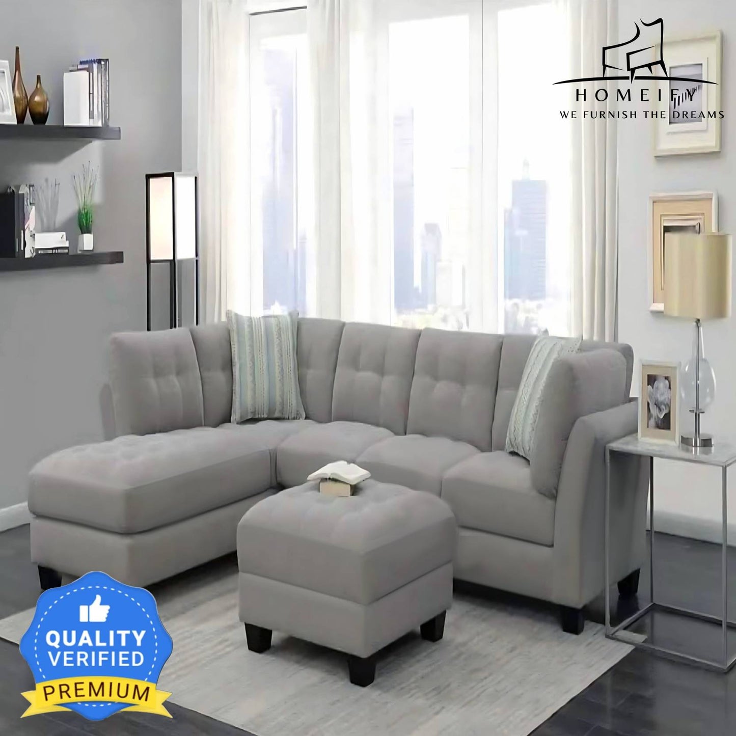 Homeify Ezra 6 Seater Sectional Sofa with Ottoman for Living Room Fabric 6 Seater Sofa (Finish Color - Grey, DIY(Do-It-Yourself)