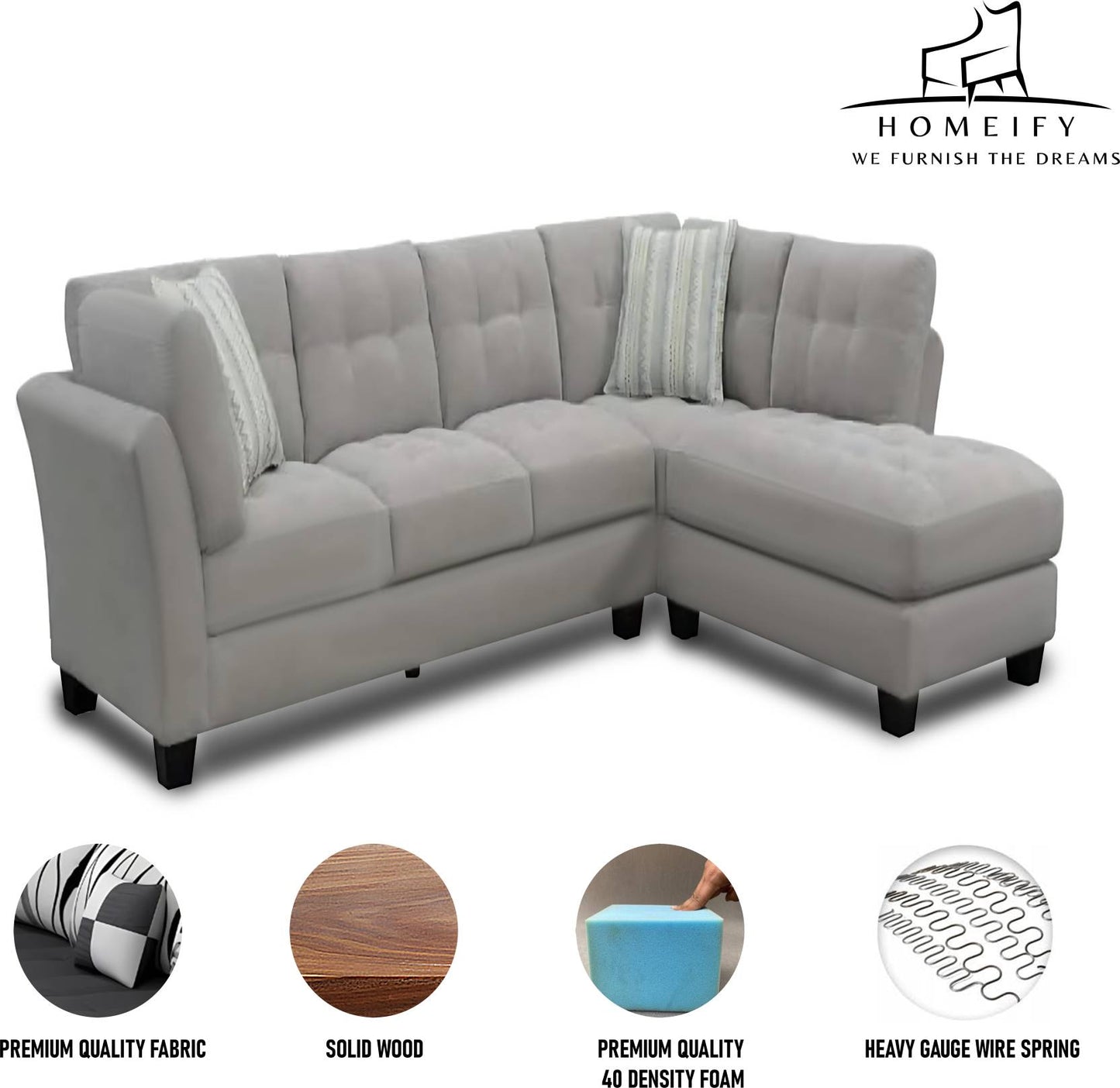 Homeify Ezra 6 Seater Sectional Sofa with Ottoman for Living Room Fabric 6 Seater Sofa (Finish Color - Grey, DIY(Do-It-Yourself)