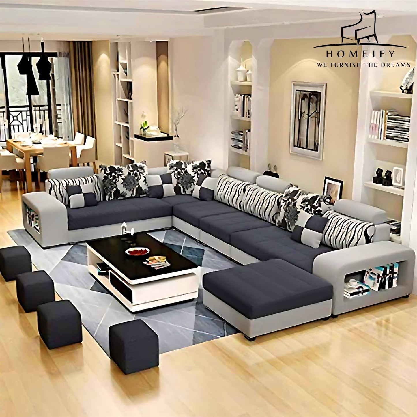 Homeify Carlo 9 Seater Fabric Sofa Set with 4-Puffy Convertible Sofa Set for Living Room Fabric 9 Seater Sofa (Finish Color - Black, DIY(Do-It-Yourself)