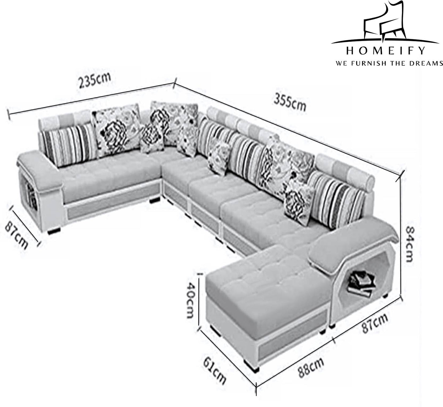 Homeify Carlo 9 Seater Fabric Sofa Set with 4-Puffy Convertible Sofa Set for Living Room Fabric 3 + 2 + 2 + 1 Sofa Set (Light Grey & Black, Pre-assembled)