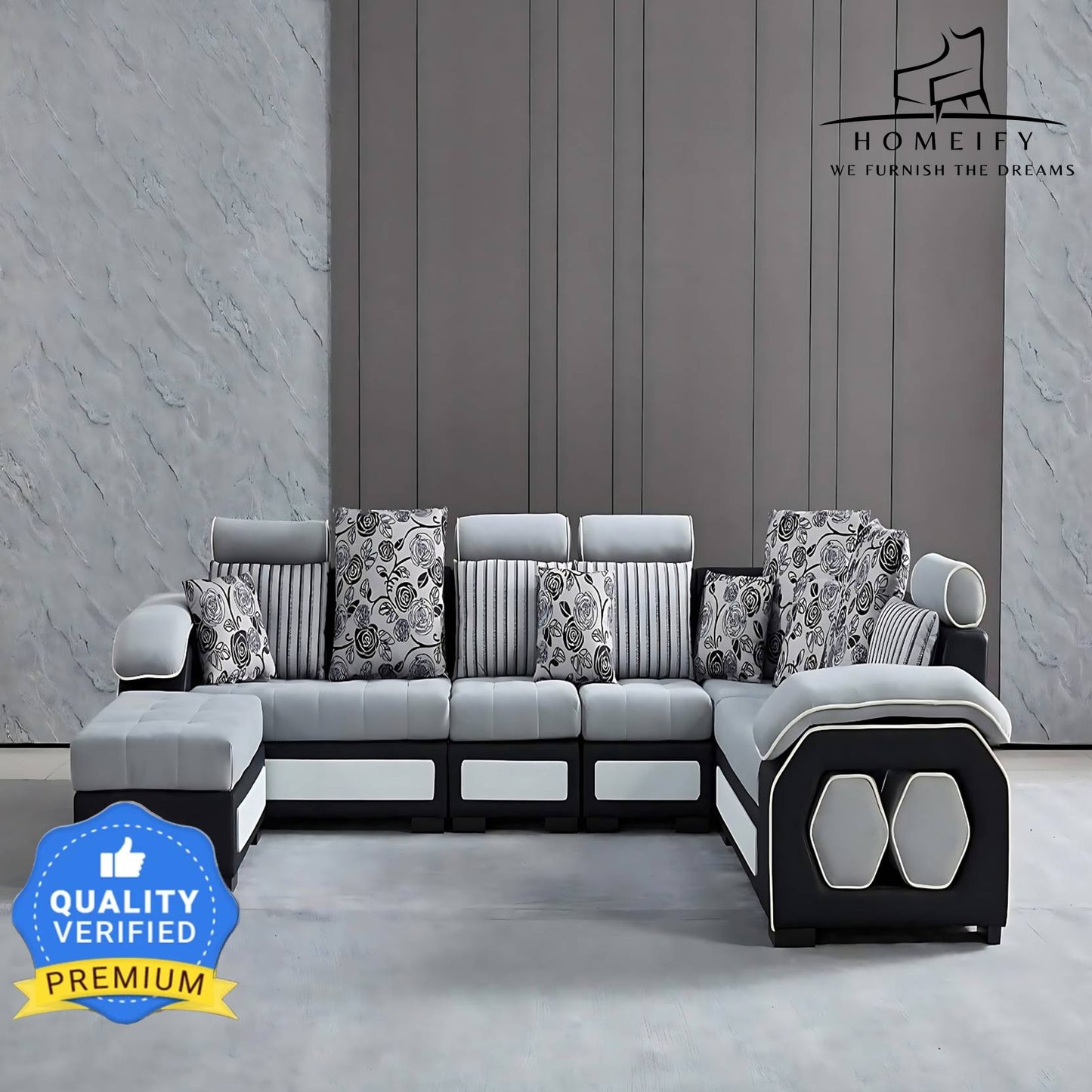 Homeify Carlo 9 Seater Fabric Sofa Set with 4-Puffy Convertible Sofa Set for Living Room Fabric 3 + 2 + 2 + 1 Sofa Set (Light Grey & Black, Pre-assembled)