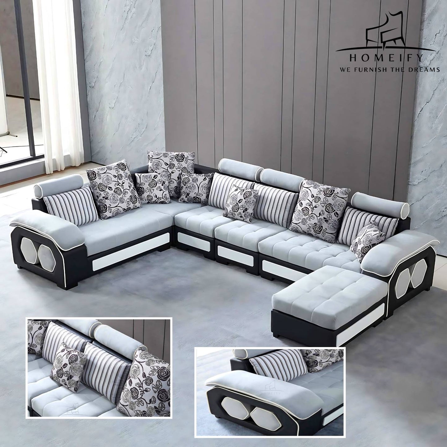 Homeify Carlo 9 Seater Fabric Sofa Set with 4-Puffy Convertible Sofa Set for Living Room Fabric 3 + 2 + 2 + 1 Sofa Set (Light Grey & Black, Pre-assembled)