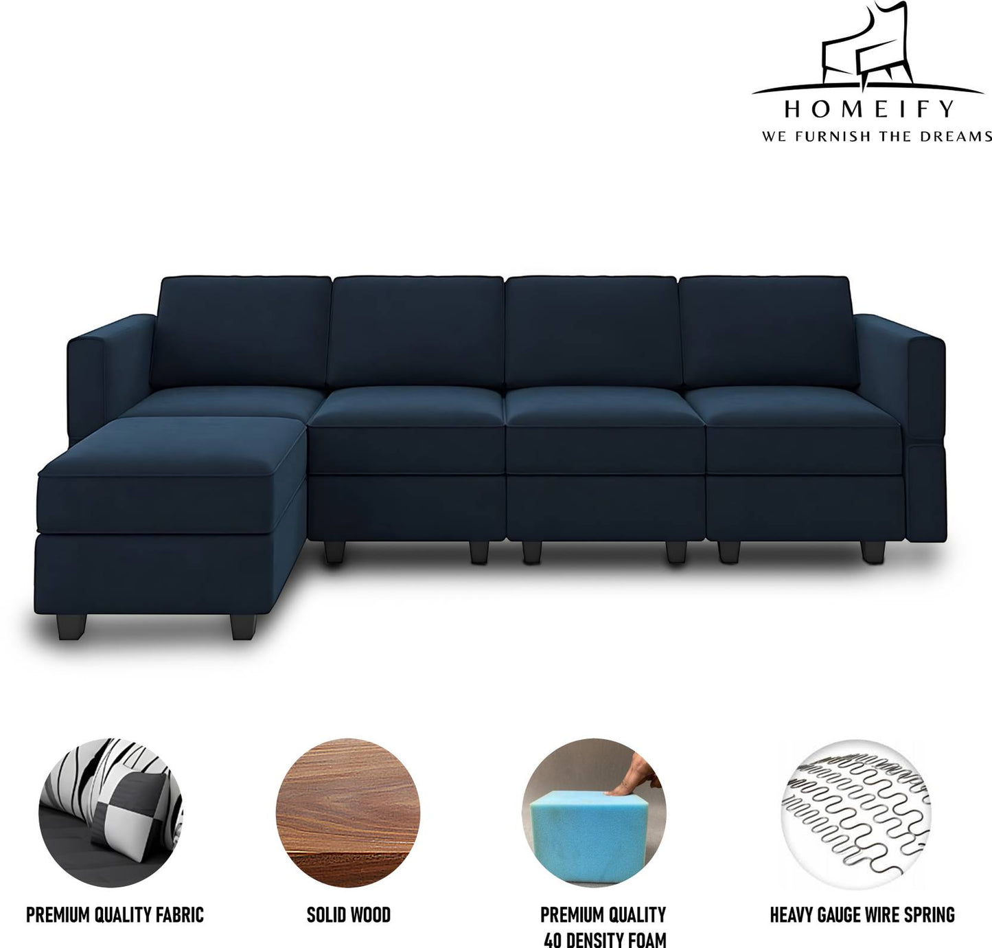 Homeify Skyler 5 Seater Sectional Sofa Set for Living Room Fabric 5 Seater Sofa (Finish Color - Blue, Pre-assembled)