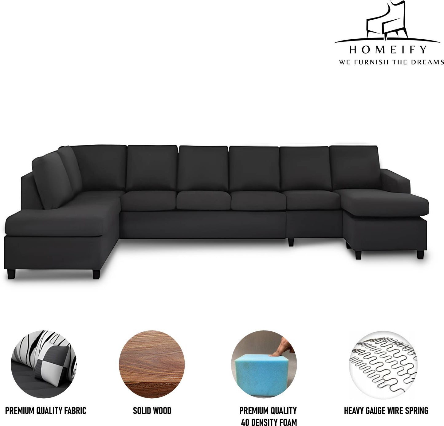 Homeify Buster 7 Seater U Shaped Fabric Sofa for Living Room Fabric 9 Seater Sofa (Finish Color - Black, DIY(Do-It-Yourself)