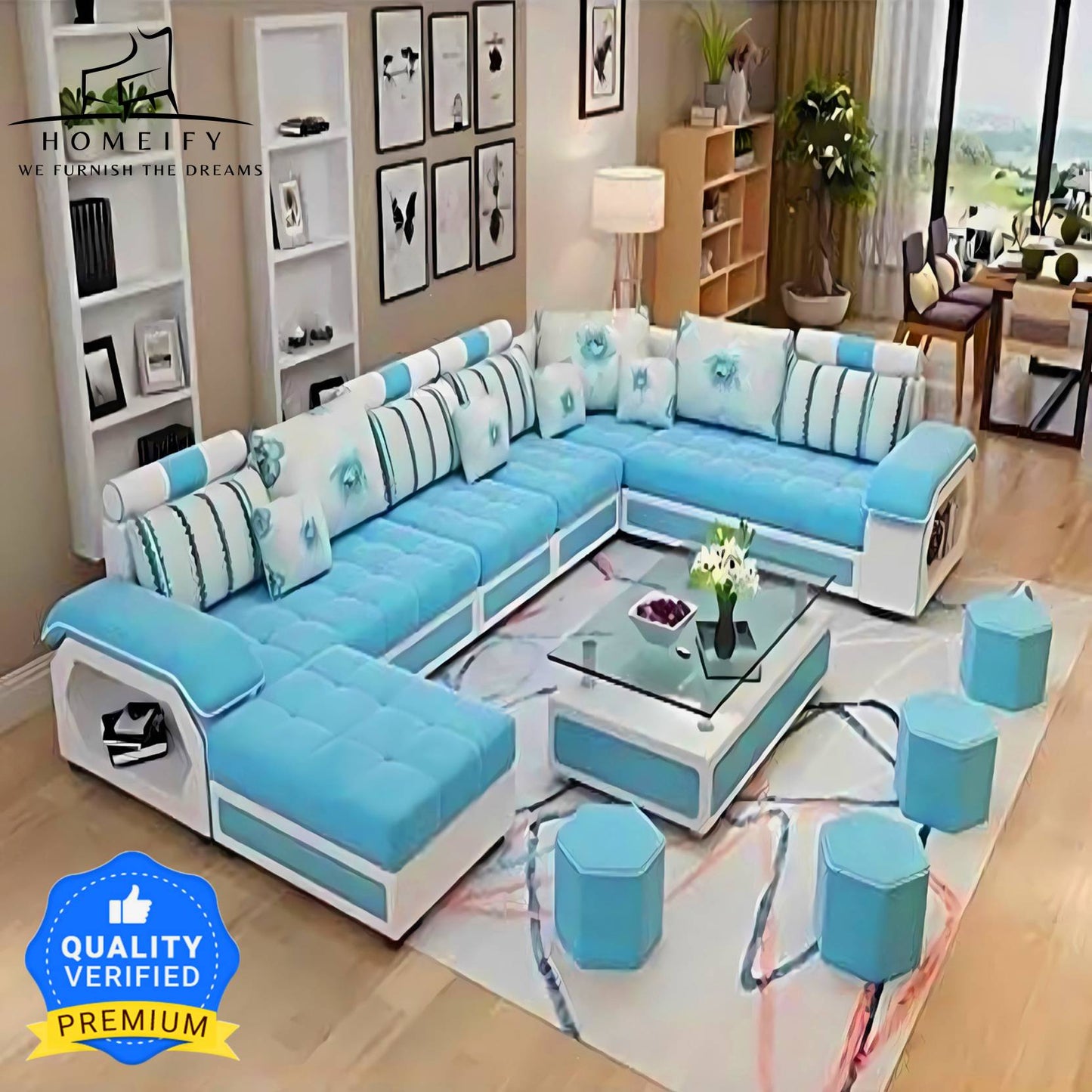 Homeify Carlo 9 Seater Fabric Sofa Set with 4-Puffy Convertible Sofa Set for Living Room Fabric 3 + 3 + 2 + 2 Sofa Set (Light Blue, Pre-assembled)
