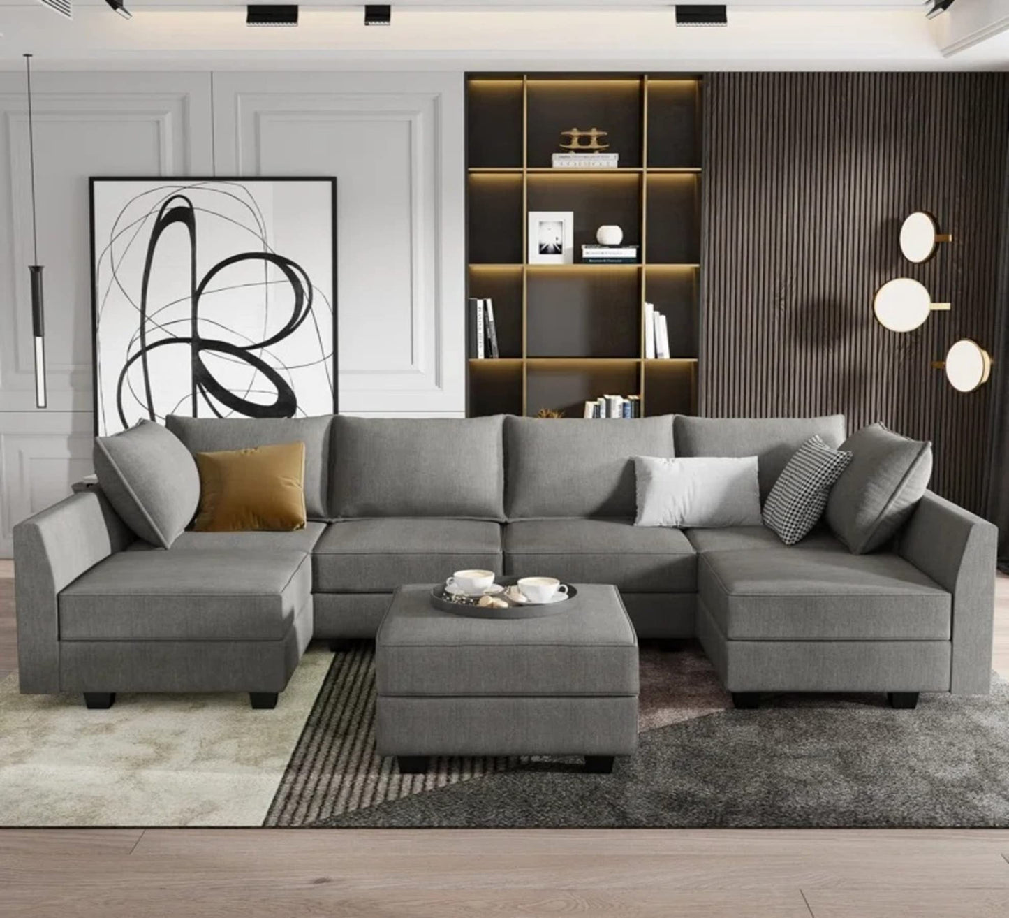 Homeify Charles 6 Seater U Shaped Sectional Sofa Set with Ottoman for Living Room (U Shape,Light Grey)
