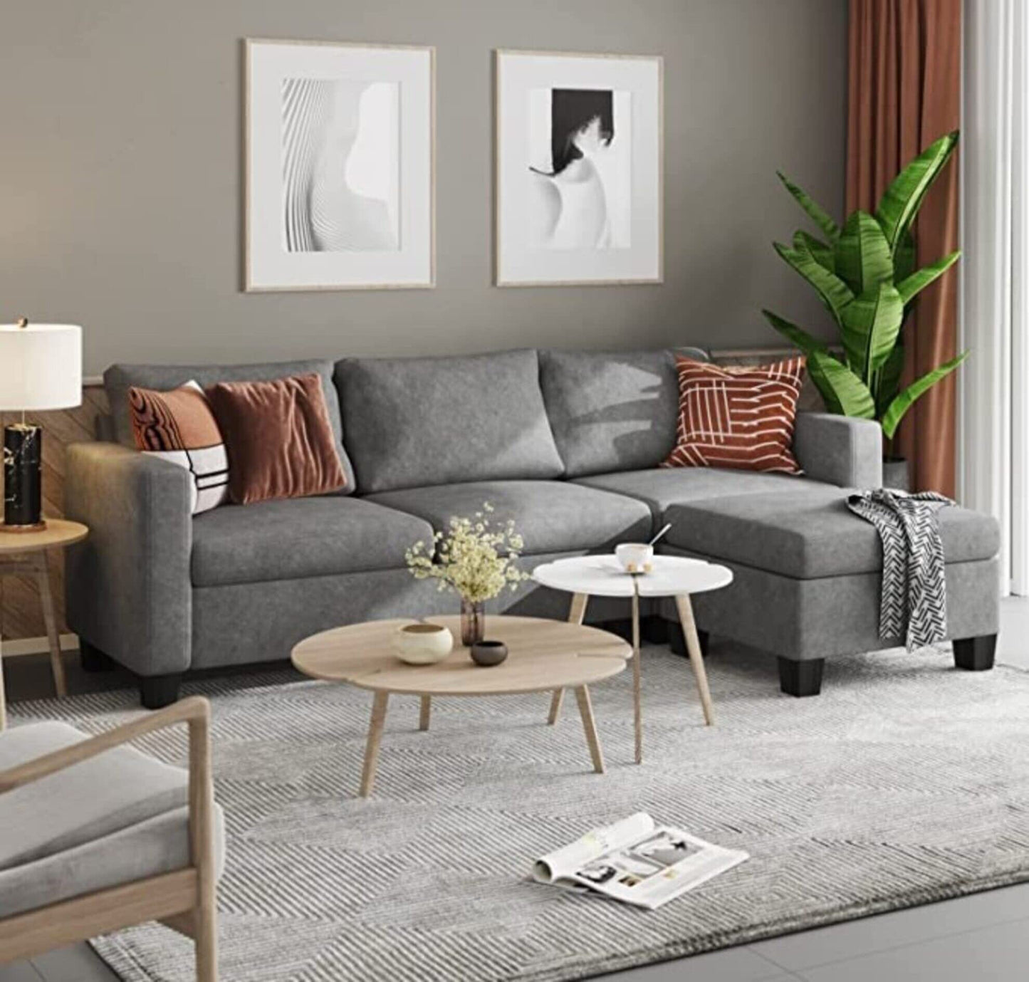 Homeify Nord Convertible Sectional Sofa Fabric 4-Person Sofa (Grey)