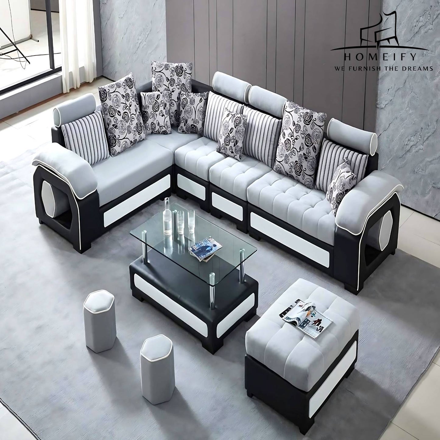 Homeify Carlo 9 Seater Fabric Sofa Set with 4-Puffy Convertible Sofa Set for Living Room Fabric 3 + 2 + 2 + 1 Sofa Set (Light Grey & Black, Pre-assembled)