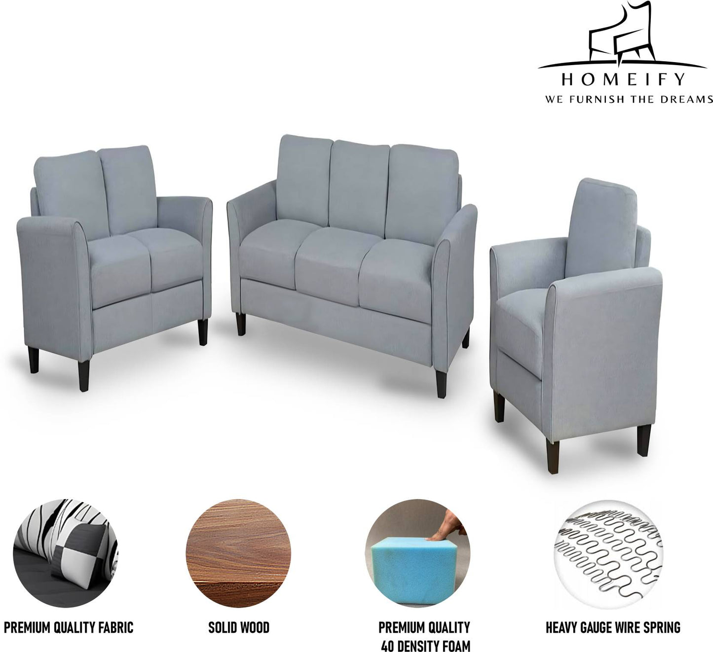 Homeify Wood Swiss 5- to 6-Seater Sofa 3+2+1 Sofa Set for Living Room Fabric 3 + 2 + 1 Sofa Set (Light Grey, Pre-assembled)
