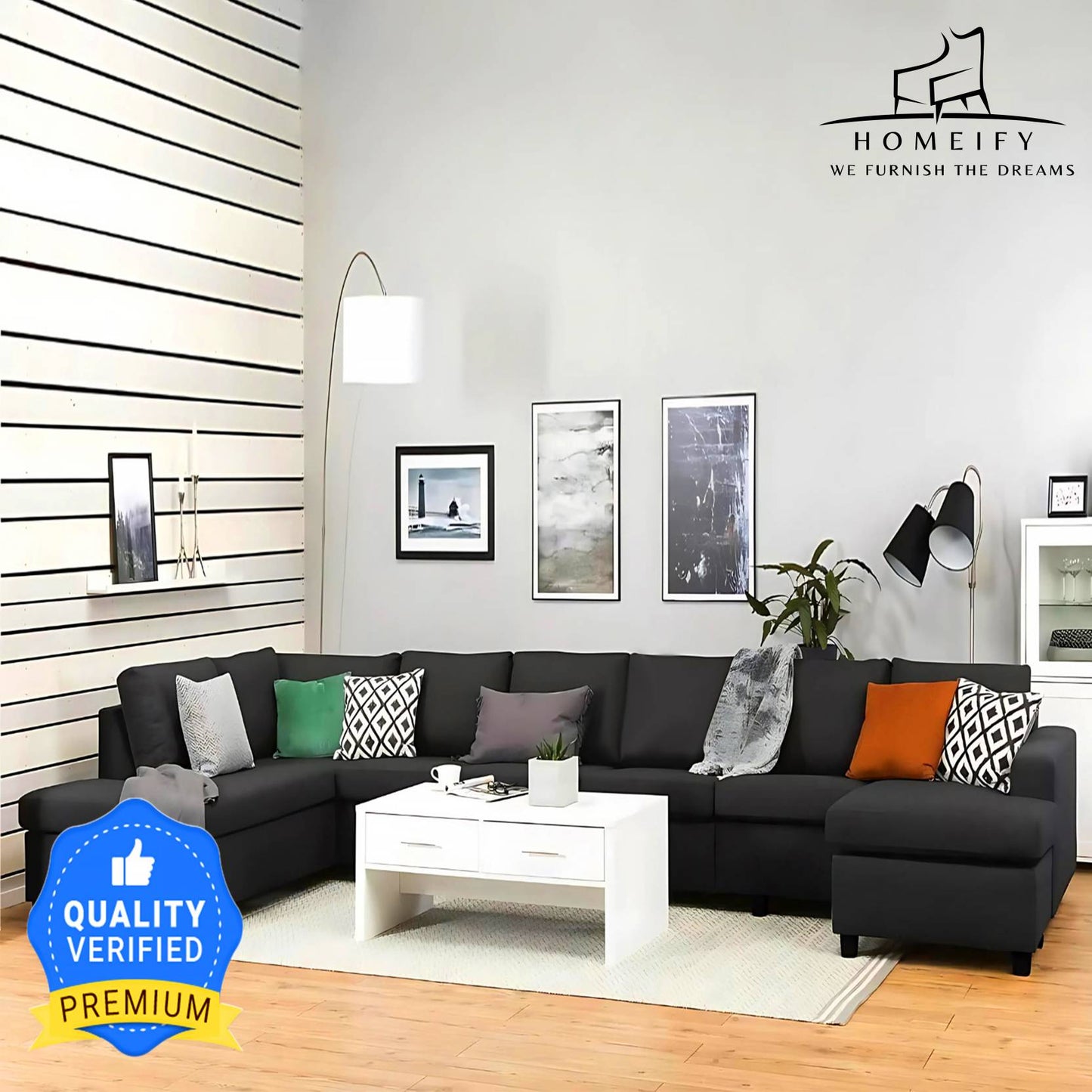 Homeify Buster 7 Seater U Shaped Fabric Sofa for Living Room Fabric 9 Seater Sofa (Finish Color - Black, DIY(Do-It-Yourself)
