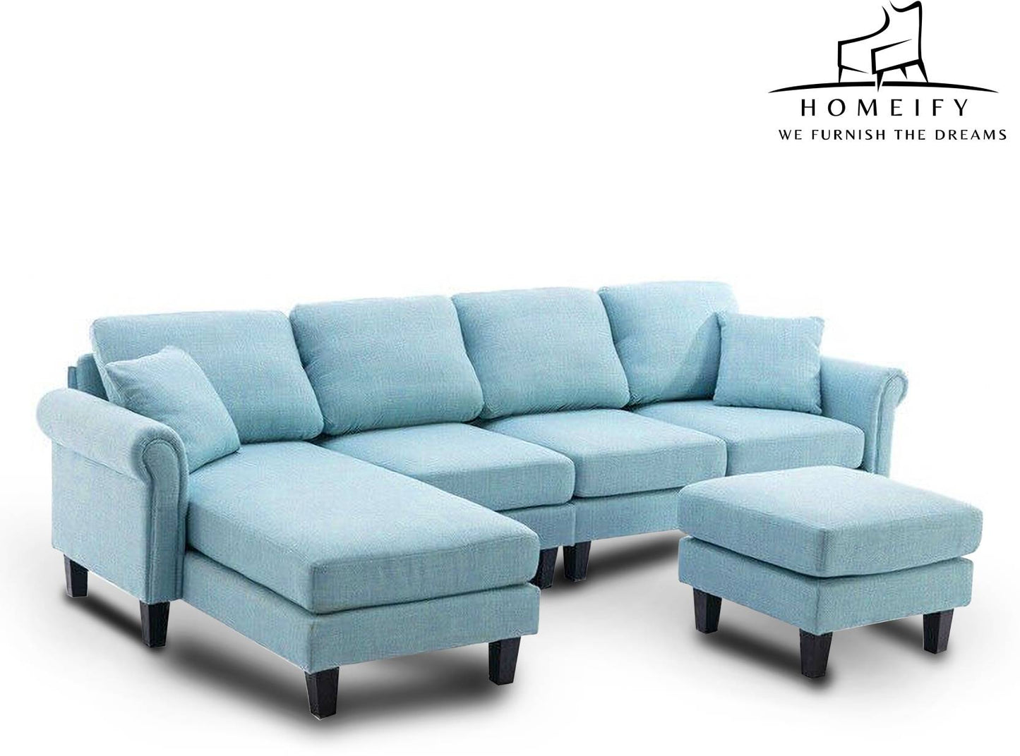 Homeify Reba 6 Seater Fabric Sectional Sofa with Ottoman for Living Room Fabric 3 + 2 + 1 Sofa Set (Blue, Pre-assembled)
