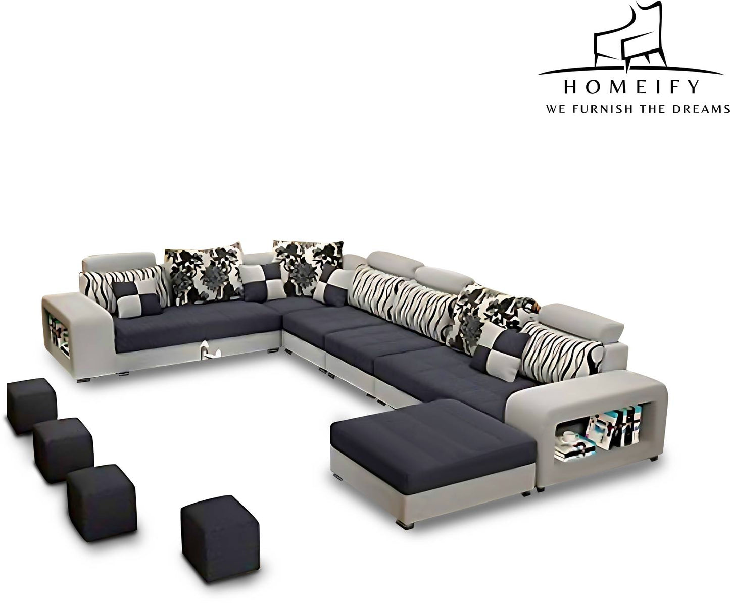 Homeify Carlo 9 Seater Fabric Sofa Set with 4-Puffy Convertible Sofa Set for Living Room Fabric 9 Seater Sofa (Finish Color - Black, DIY(Do-It-Yourself)