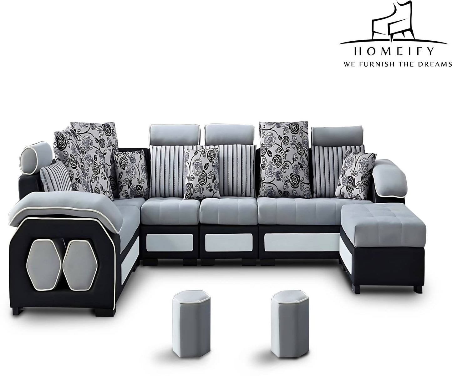 Homeify Carlo 9 Seater Fabric Sofa Set with 4-Puffy Convertible Sofa Set for Living Room Fabric 3 + 2 + 2 + 1 Sofa Set (Light Grey & Black, Pre-assembled)