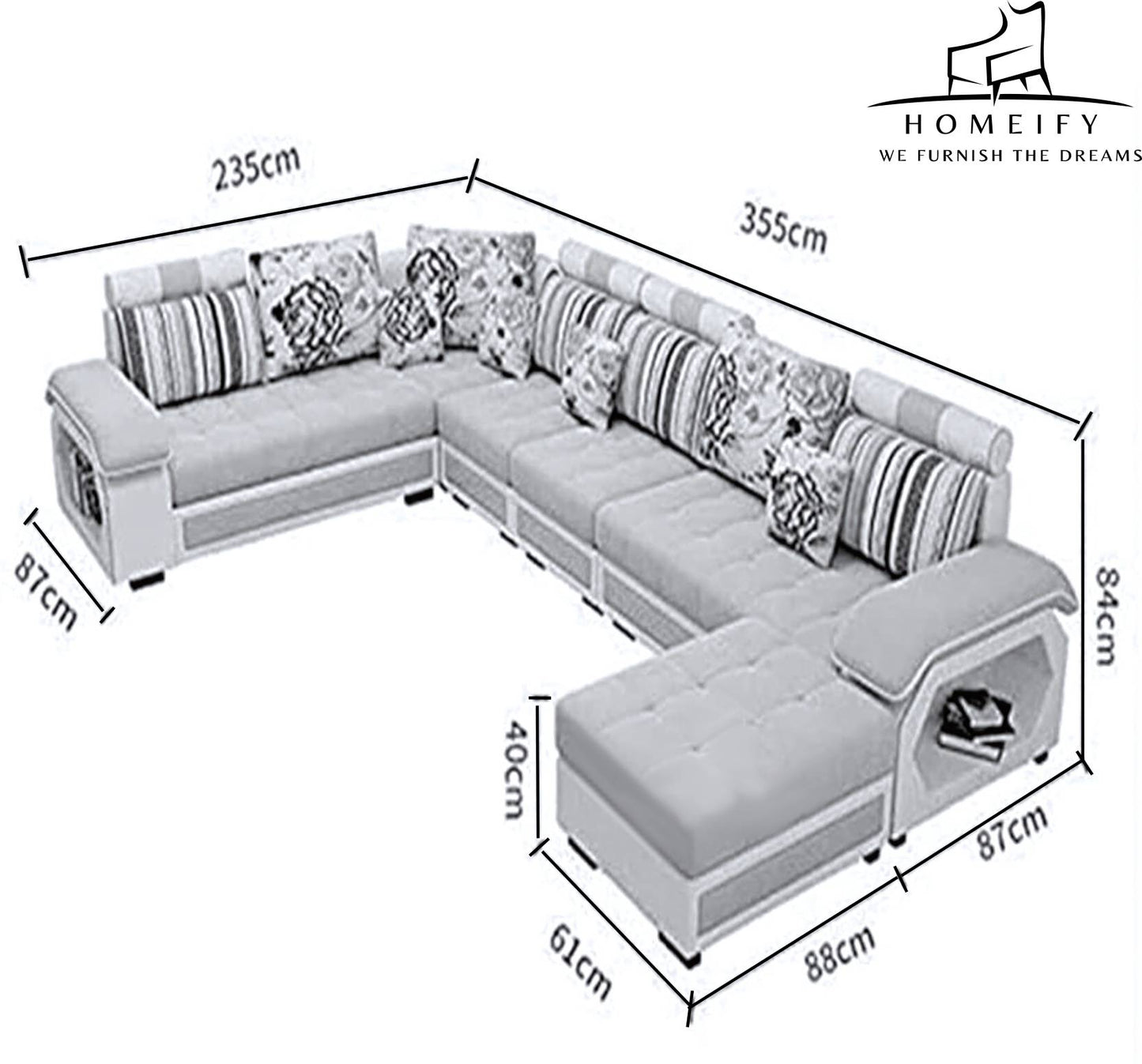 Homeify Carlo 9 Seater Fabric Sofa Set with 4-Puffy Convertible Sofa Set for Living Room Fabric 9 Seater Sofa (Finish Color - Grey&White, DIY(Do-It-Yourself))