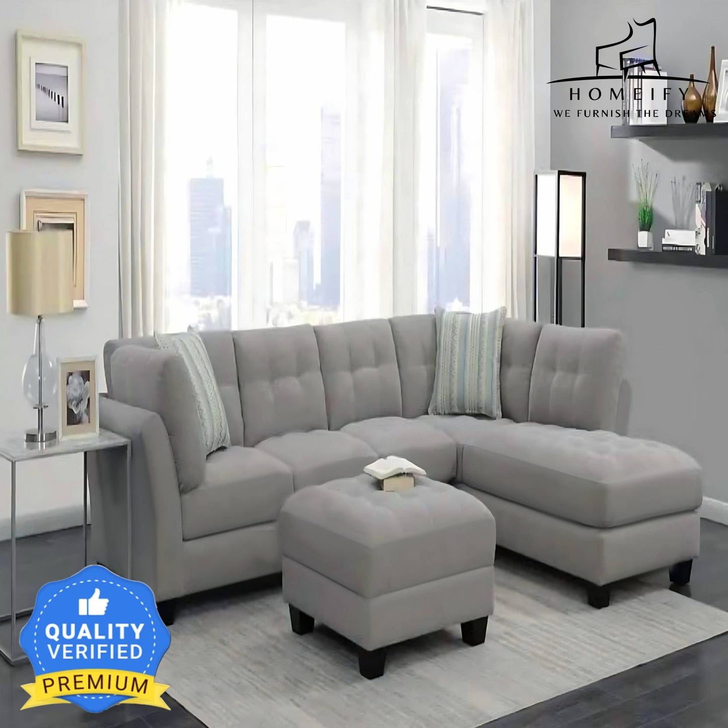 Homeify Ezra 6 Seater Sectional Sofa with Ottoman for Living Room Fabric 6 Seater Sofa (Finish Color - Grey, DIY(Do-It-Yourself)