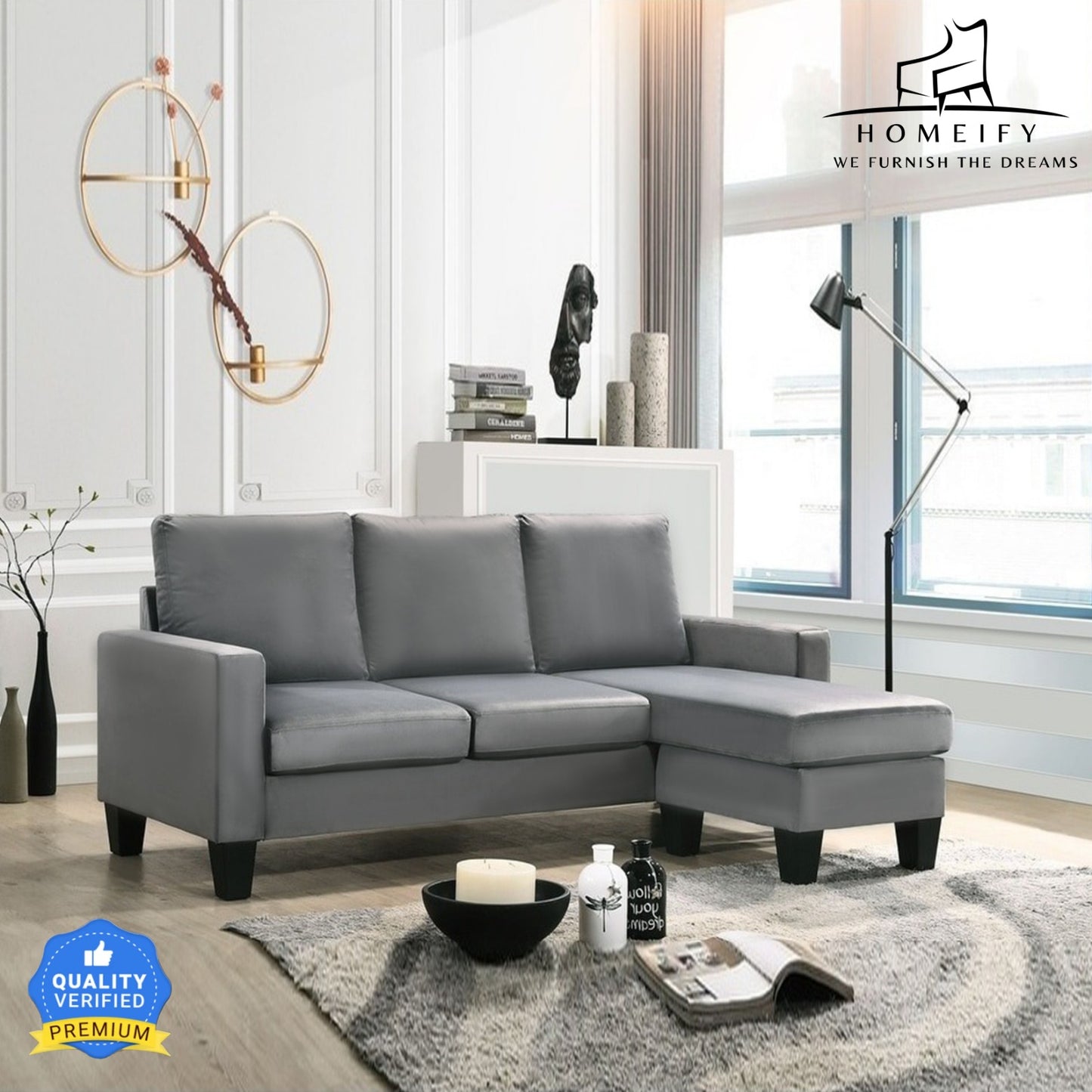 Homeify Adora 3 Seater Fabric L-Shaped Sectional Sofa for Living Room Fabric 3 Seater Sofa (Finish Color - Grey, DIY(Do-It-Yourself)