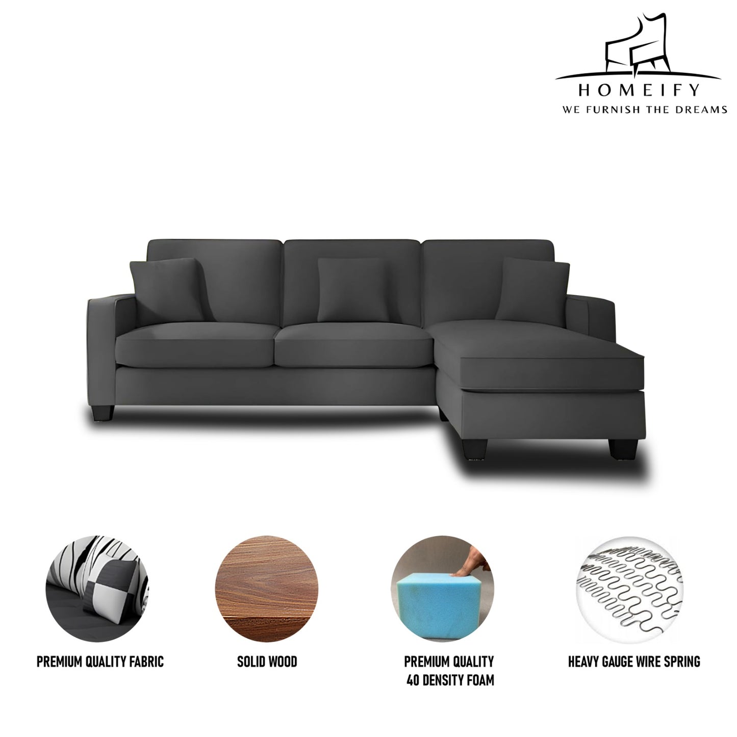 Groovecraft Kitson 4 Seater L Shape Fabric Sofa Set for Living Room Fabric 4 Seater Sofa (Finish Color - Grey, DIY(Do-It-Yourself)