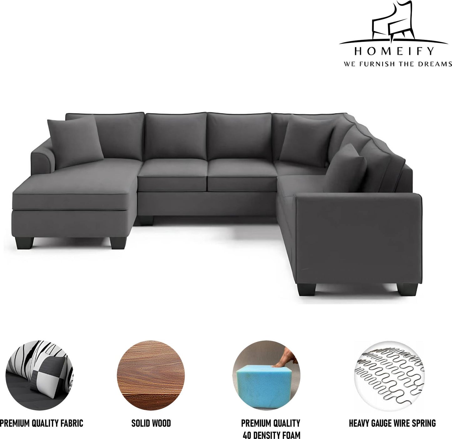 Homeify Carelino 7 Seater Fabric U Shaped Sofa Set for Living Room Fabric 7 Seater Sofa (Finish Color - Dark Grey, DIY(Do-It-Yourself)