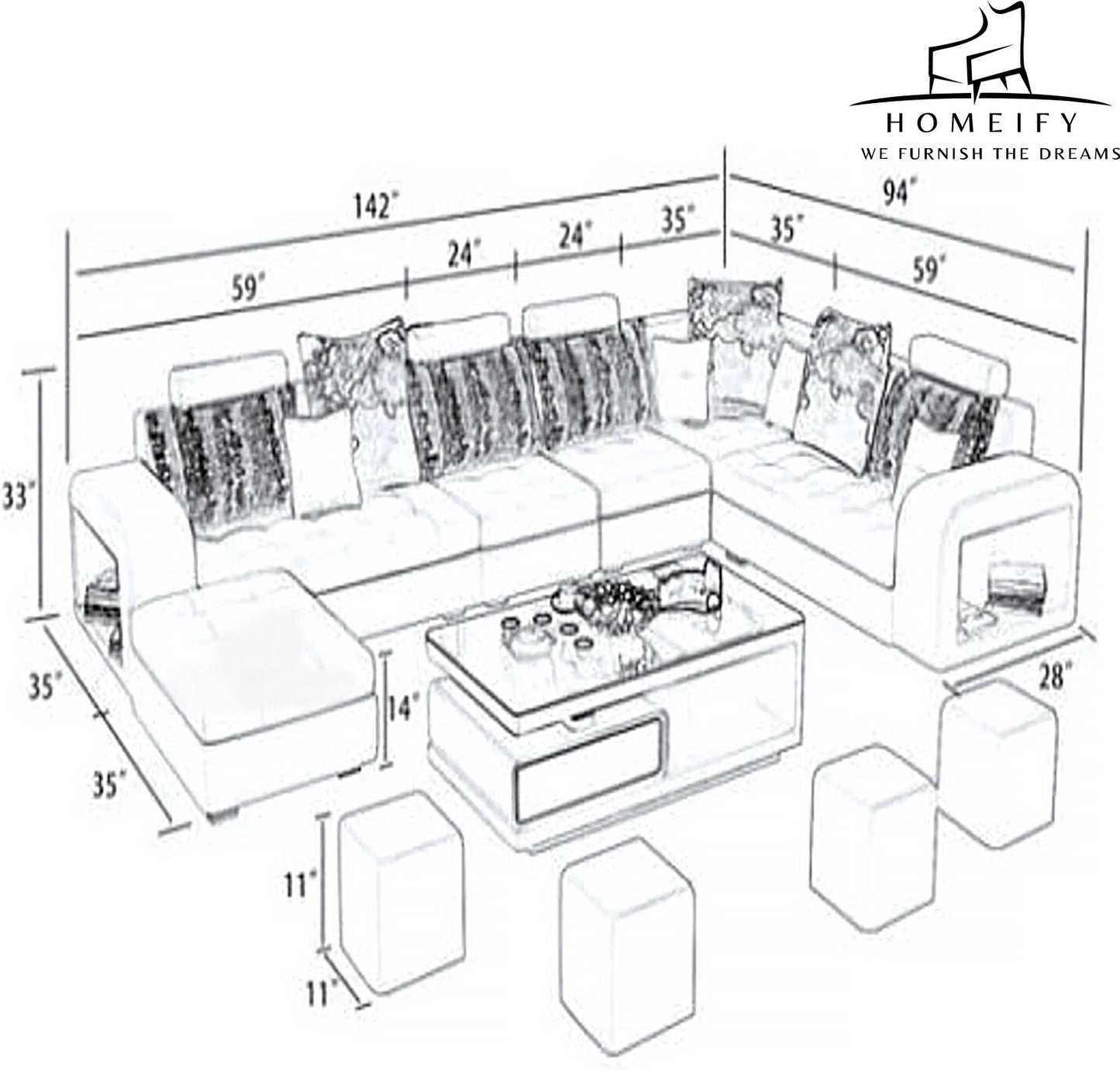 Homeify Carlo 9 Seater Fabric Sofa Set with 4-Puffy Convertible Sofa Set for Living Room Fabric 3 + 3 + 2 + 2 Sofa Set (Black, Pre-assembled)