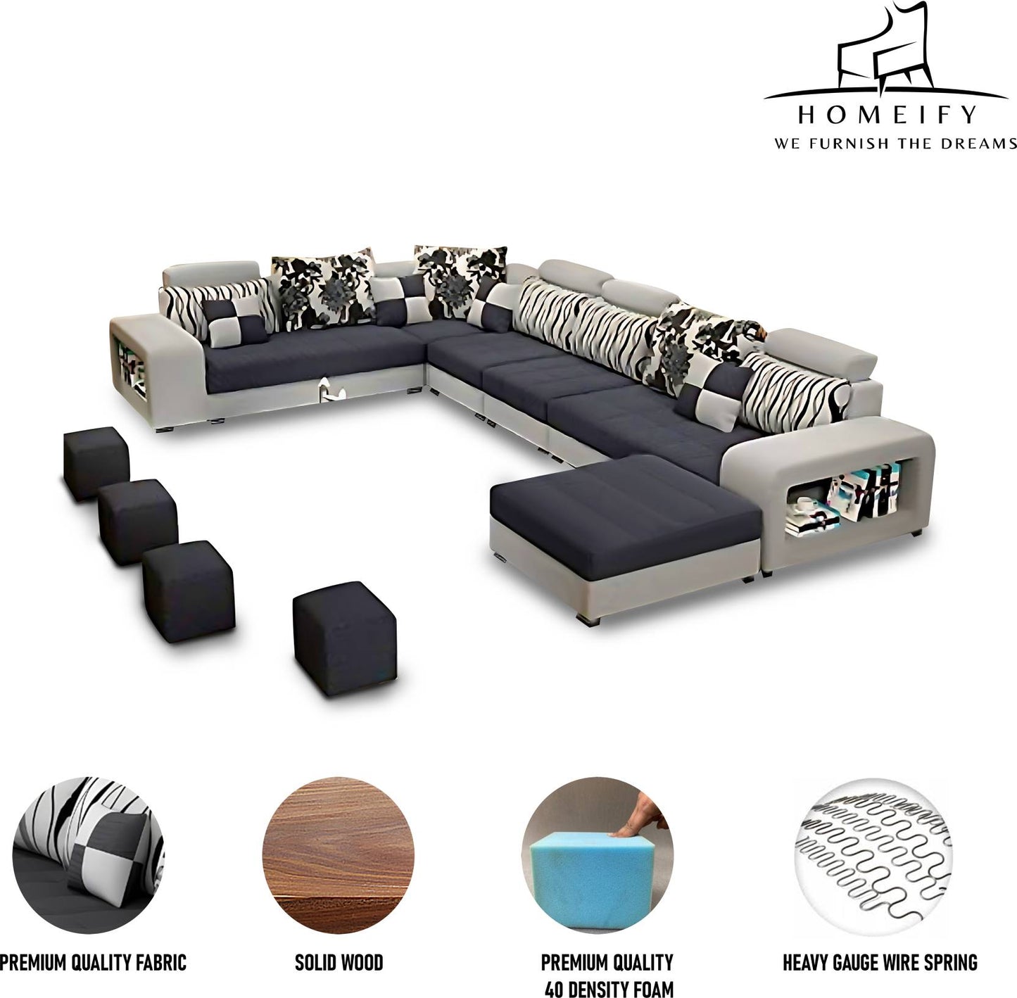 Homeify Carlo 9 Seater Fabric Sofa Set with 4-Puffy Convertible Sofa Set for Living Room Fabric 9 Seater Sofa (Finish Color - Black, DIY(Do-It-Yourself)