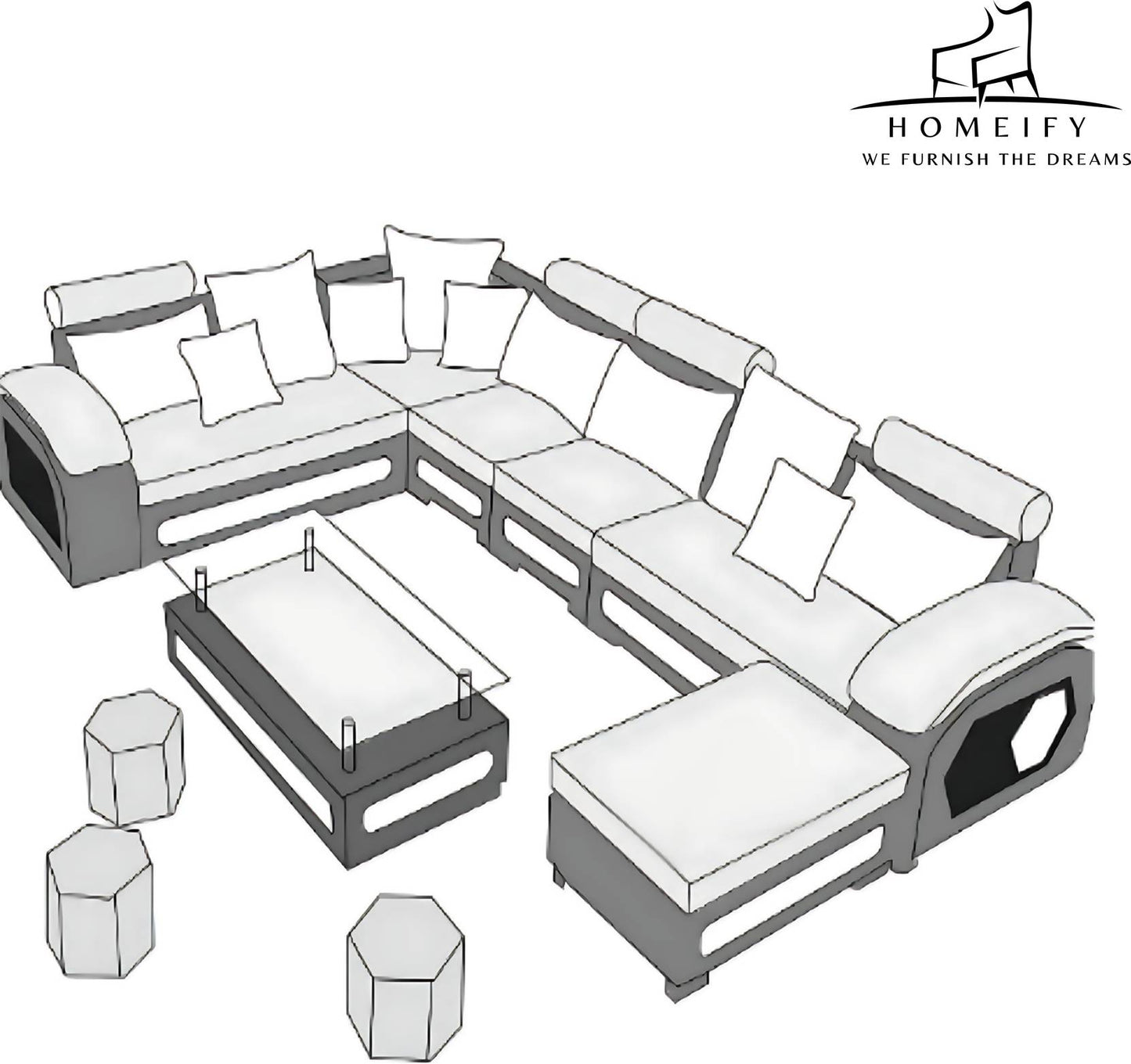Homeify Carlo 9 Seater Fabric Sofa Set with 4-Puffy Convertible Sofa Set for Living Room Fabric 3 + 3 + 2 + 2 Sofa Set (Light Blue, Pre-assembled)